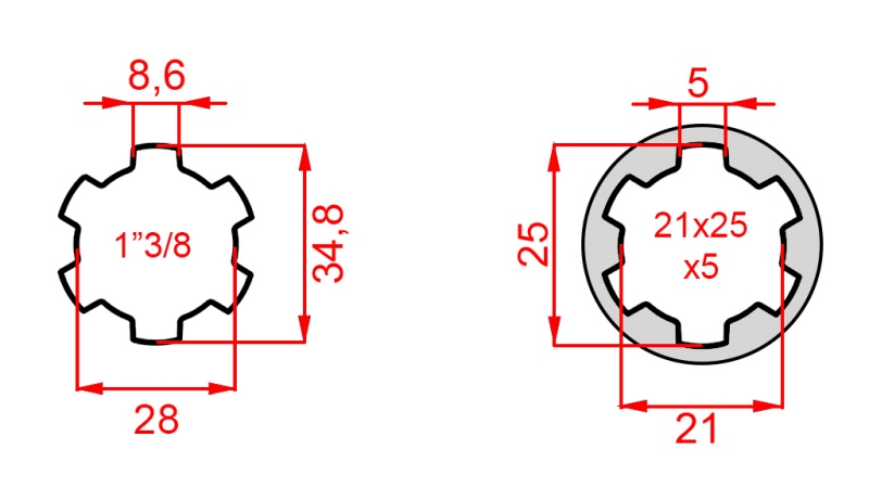 KARDANSKI NASTAVEK iz 21x25x5 (6 zob) na 1-3/8 (140 mm)