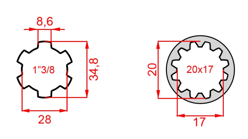 KARDAN ADAPTER VAN 20x17 (12 SPLINES) NAAR 1-3/8 (120 mm)