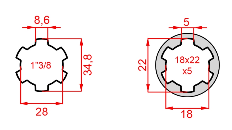 KARDANADAPTER FRA 18x22x5 (6 SPLINES) TIL 1-3/8 (120 mm)