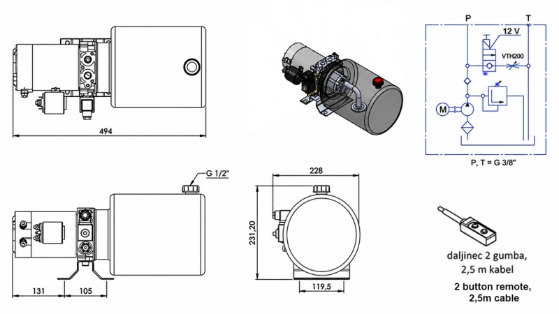 MINI HYDRAULIKAGGREGAT 12V DC - 1.6kW = 2.1cc - 8 liter - enfasig enhet (metall)