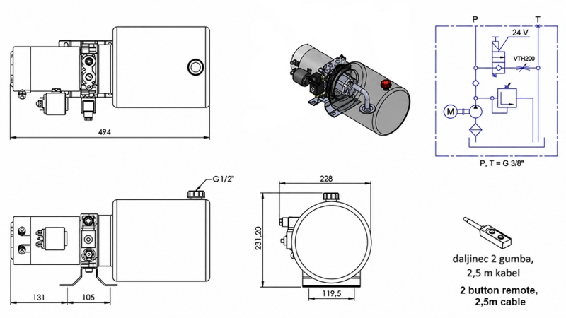 MINI HYDRAULIKAGGREGAT 24V DC - 2,2kW = 2,1cc - 8 lit - Einfachwirkende Funktion (Metallgehause)