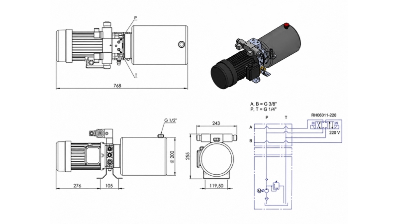 MINI HYDRAULIKAGGREGAT 380V AC (2.2 kW) - 8.0 cc - 11.2 lit/min - tank 12 lit