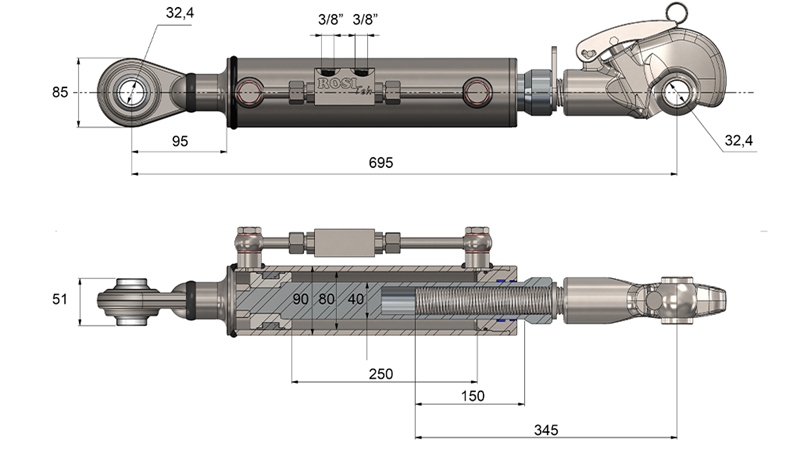 HYDRAULIKOBERLENKER MIT GEWINDEHAKEN - CAT. 3 - 80/40-250 (90 - 210 HP)(32,2)
