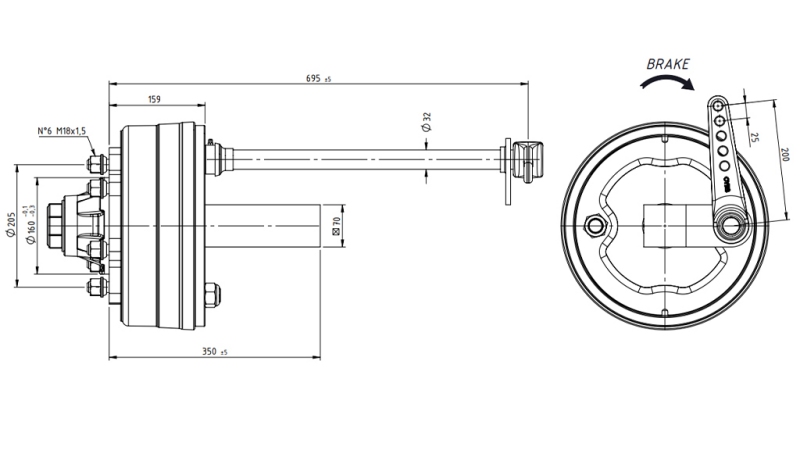 HALV-AXEL MED BREMSER 3.600 KG L.250 MM