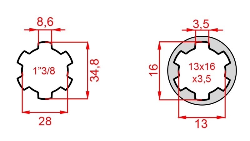 ZAPFWELLENADAPTER VON 13x16x3,5 (6 VERZAHNUNGEN) AUF 1-3/8 (120 mm)