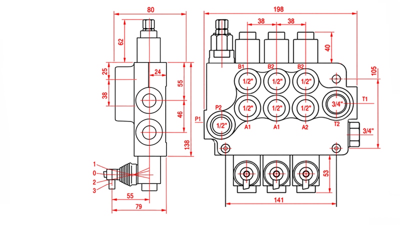 HYDRAULISCHES HANDVENTIL – 3-SEKTIONEN-STEUERVENTIL 3xR80 ECO