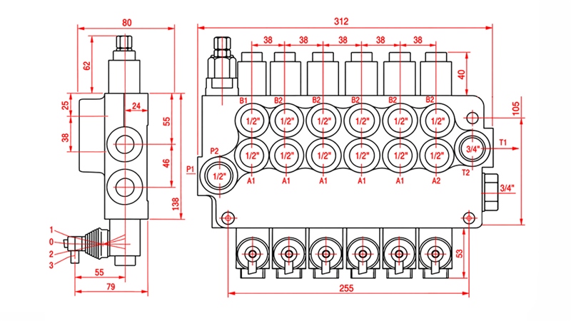 HYDRAULISCHES HANDVENTIL – 6-SEKTIONEN-STEUERVENTIL 6xR80 ECO