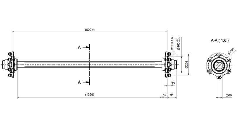 AKSEL TIL TRAILER 4800 KG UDEN BREMSER (1500 MM)