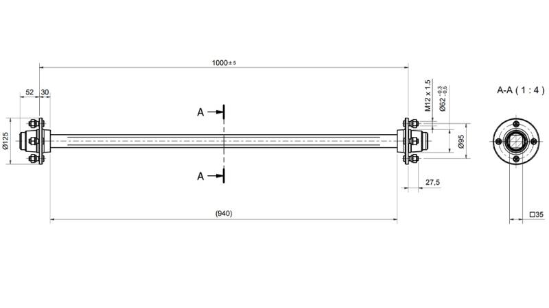AKSELIT TRAILERILLE 950KG ILMAN JARRUA (1000 MM)