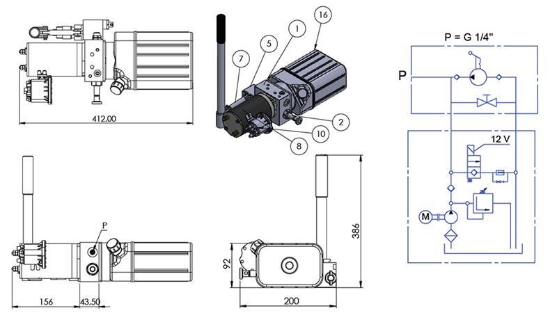 MINI HYDRAULIKAGGREGAT 12V DC - 0.8kW = 0.5cc - 1.5 lit - einphasige Einheit (PVC) mit Handpumpe