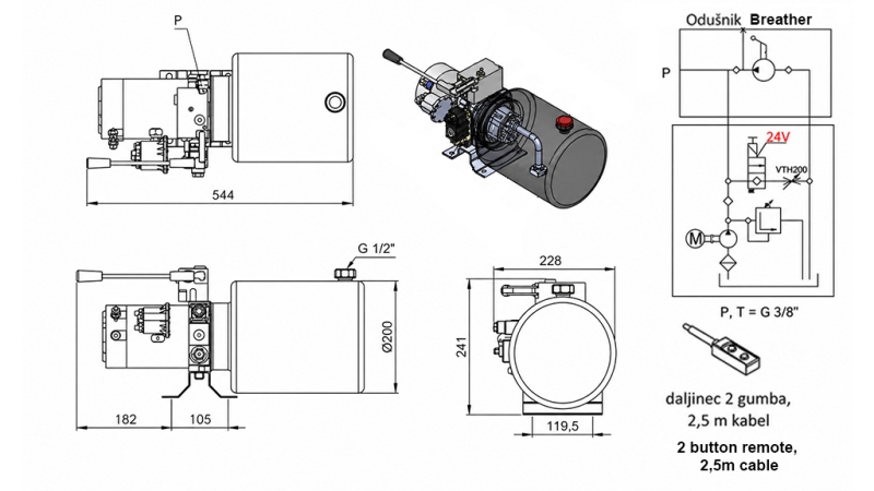 MINI HYDRAULIKAGGREGAT 24V DC - 2,2kW = 2,1cc - 8 lit - Einfachwirkende Funktion MIT HANDPUMPE