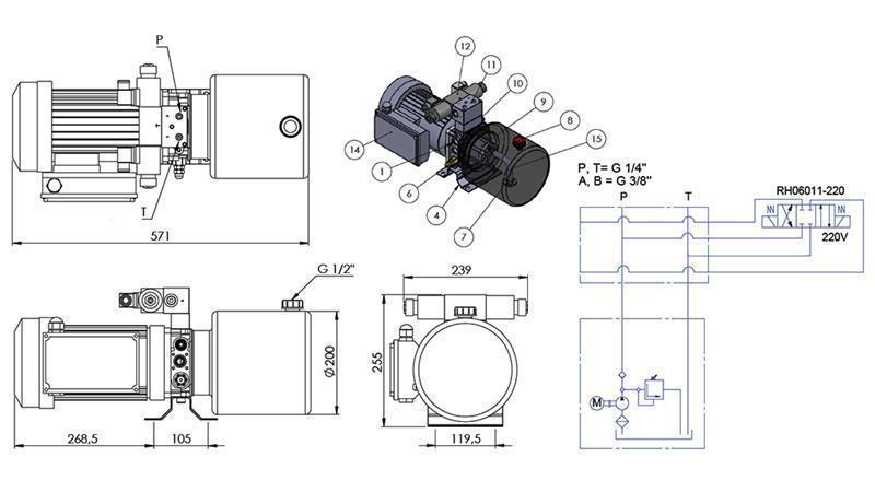 MINI HYDRAULIKAGGREGAT 230V AC (1.5 kW) - 5.8 cc - 8.2 lit/min - tank 6 lit