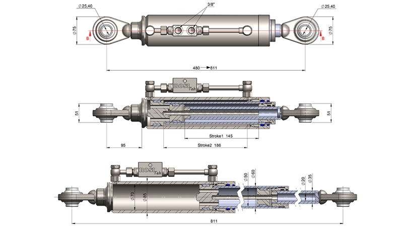 TELESKOPSKA HIDRAVLIČNA POTEZNICA STANDARD - 2 KAT. 480-811mm (45-95HP)((25,4/25,4)