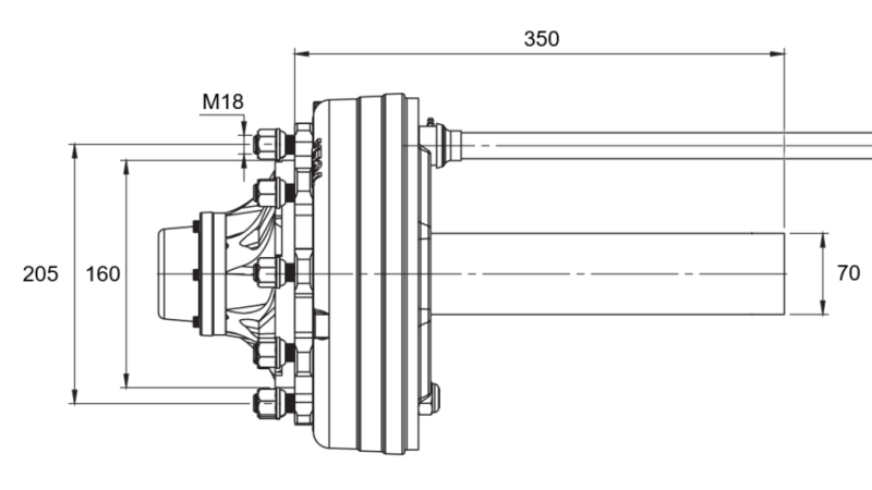 HALBACHSE MIT BREMSEN - 3600 kg (6 SCHRAUBEN) - 350 mm