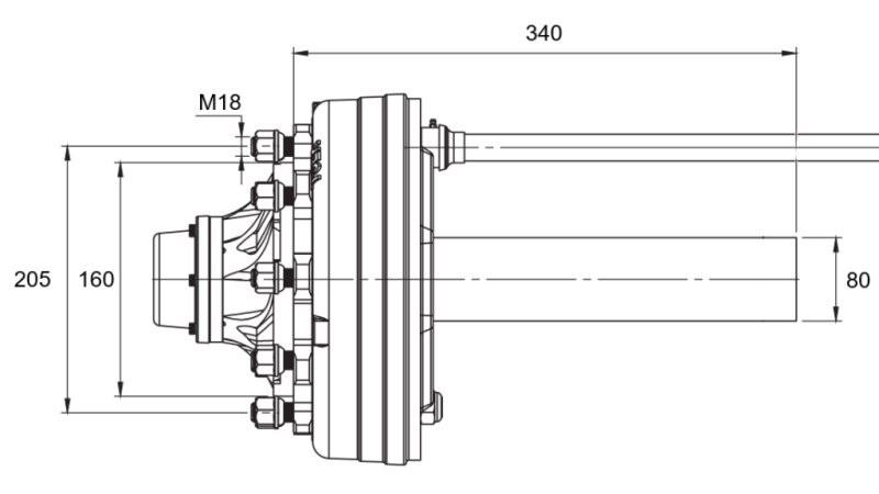 HALVAKSEL MED BREMSER - 4400 kg (6 SKRUE) - 340 mm
