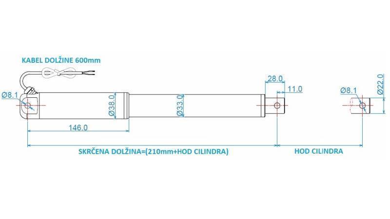 ELEKTRISK CYLINDER 12V 150kg-5mm/sec SLAG 500mm - dimensioner