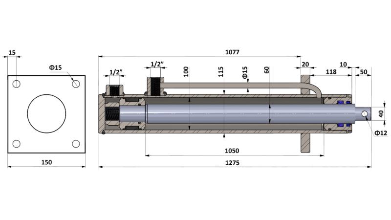 HYDRAULIKZYLINDER MIT MONTAGEPLATTE 100/60-1050 MIT ROHREN