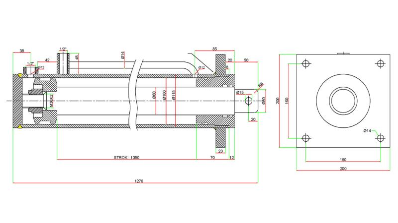 HYDRAULIKZYLINDER FÜR HOLZSPALTER MIT MONTAGEPLATTE 100/60-1050 - OBERER ANSCHLUSS