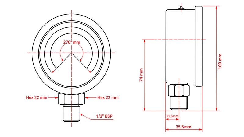 MANOMETER DN100 VERTICAL 0 - 25 BAR - 1/2
