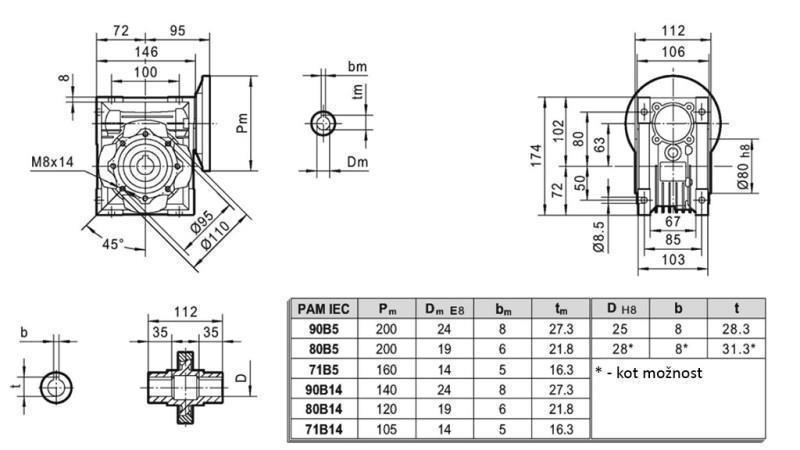 PMRV-63 REDUCER TIL ELEKTRISK MOTOR MS80 (0.55-0.75kW) FORHOLDSFORHOLD 20:1