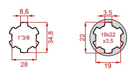ZAPFWELLENADAPTER VON 19x22x3,5 (10 VERZAHNUNGEN) AUF 1-3/8 (120 mm)