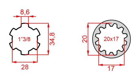KARDAN ADAPTER VAN 20x17 (12 SPLINES) NAAR 1-3/8 (120 mm)