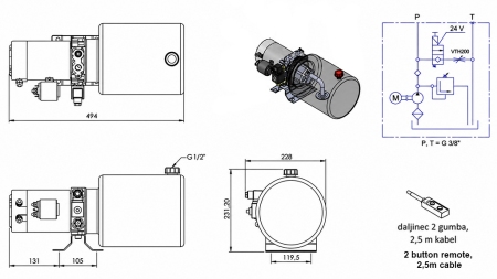 MINI HYDRAULIKAGGREGAT 24V DC - 2,2kW = 2,1cc - 8 lit - Einfachwirkende Funktion (Metallgehause)