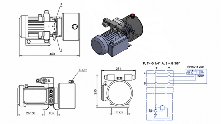 MINI HYDRAULICKÁ JEDNOTKA 230V AC (0,75 kW) - 3,7 cc - 5,2 lit/min - nádrž 4 lit