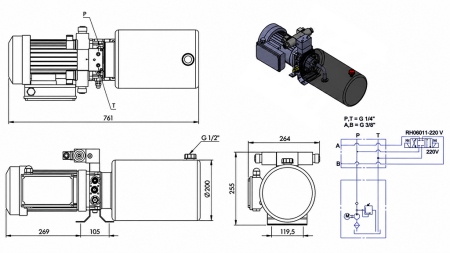 MINI HYDRAULIKAGGREGAT 230V AC (2,2 kW) - 8,0 cc - 11,2 lit/min - tank 12 lit