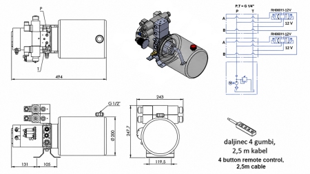 MINI HYDRAULIKAGGREGAT 12V DC - 1,6kW = 2,1cc - 8 lit - 2x Doppelwirkende Funktion (Metallgehäuse)