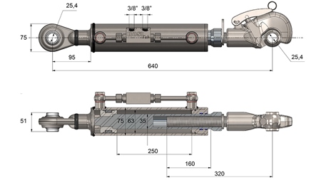 HYDRAULIKOBERLENKER MIT GEWINDEHAKEN - CAT. 2 - 63/35-250 (45 - 95 HP)(25,4)