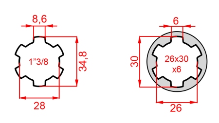 ZAPFWELLENADAPTER VON 26x30x6 (6 VERZAHNUNGEN) AUF 1-3/8 (140 mm)
