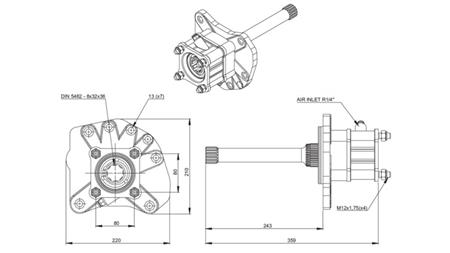 Dimensioner OUTPUT FOR HYDRAULISK PUMPE - MERCEDES G155 - 1 ACTROS