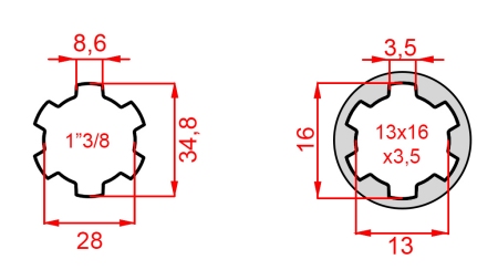 ZAPFWELLENADAPTER VON 13x16x3,5 (6 VERZAHNUNGEN) AUF 1-3/8 (120 mm)