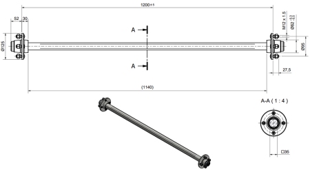 ACHSE FÜR ANHÄNGER 950 kg OHNE BREMSEN ( 1200 mm )
