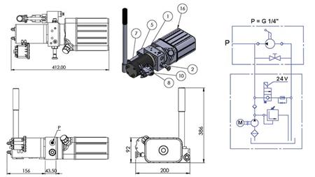 MINI HYDRAULISK AGGREGAT 24V DC - 0.8kW = 0.5cc - 1.5 liter - enfase enhed (PVC) med manuel pumpe