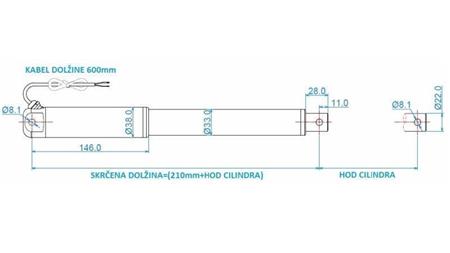 ELEKTRISK CYLINDER 12V 150kg-5mm/sec SLAG 500mm - dimensioner