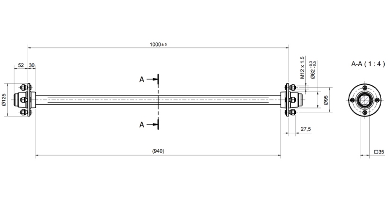 OSOVINA ZA PRIKOLICO 950kg BREZ ZAVOR (1000 mm)