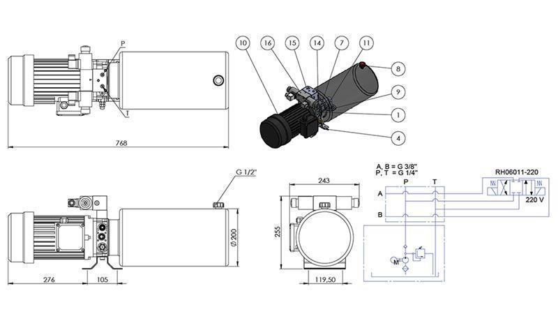 AGGREGAT HYDRAULIQUE MINI 380V AC (2.2 kW) - 8.0 cc - 11.2 lit/min - réservoir 12 lit