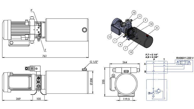 AGGREGAT HYDRAULIQUE MINI 230V AC (2.2 kW) - 8.0 cc - 11.2 lit/min - réservoir 12 lit
