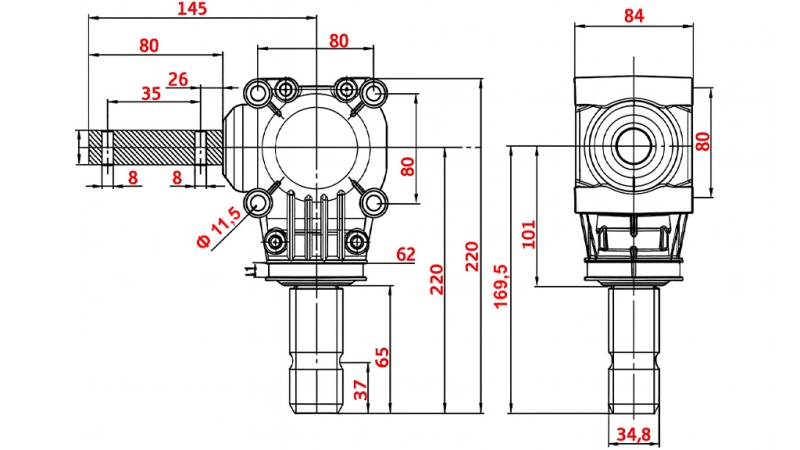 WINKELGETRIEBE L-150J 1:1 (12HP-9kW)